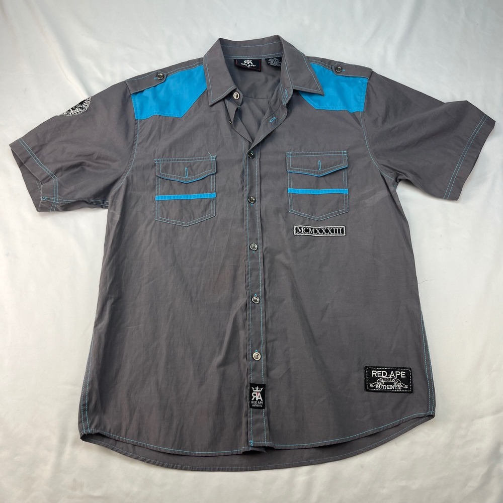 Red Ape Urban Streetwear Y2K Gorpcore Gray Blue Short Sleeve Button Down Shirt